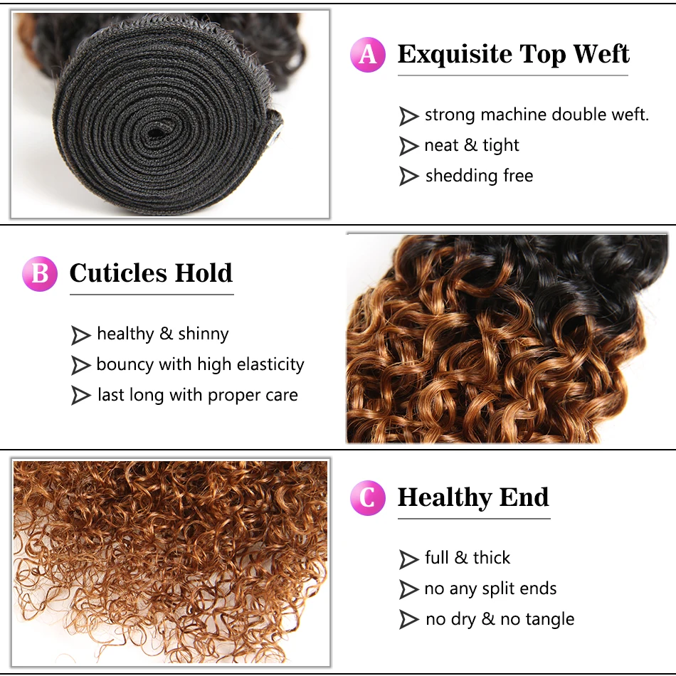 Racily Hair T1B/30 Ombre Peruvian Kinky Curly Hair Brown Ombre 100% Human Hair Extensions 1/3/4 Bundles Remy Hair Weave Bundles