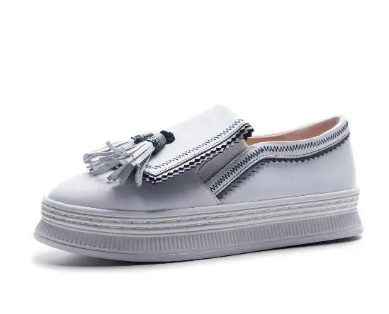 VANGULL Genuine Leather shoes spring and autumn cow leather flat bottom loafers Muffin bottom tassel sports casual - Цвет: white