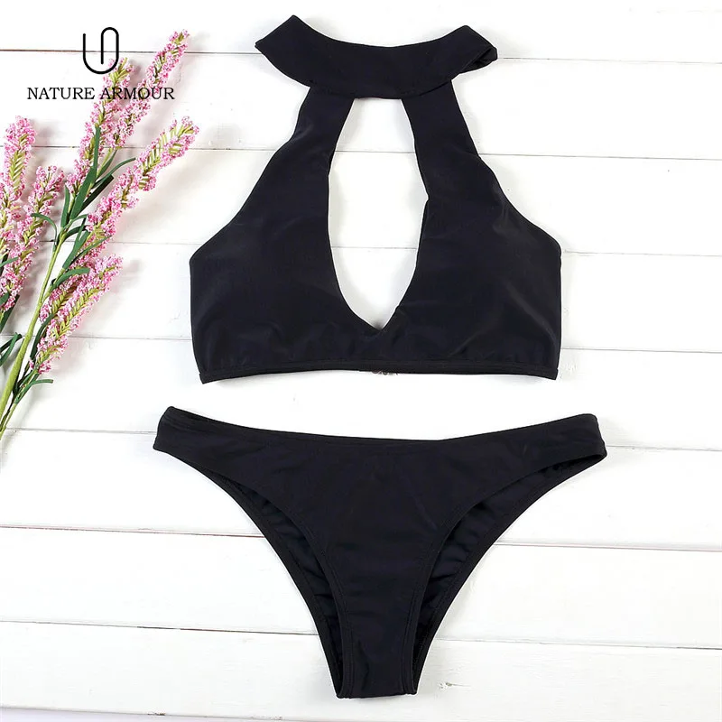 NATURE ARMOUR bikinis 2018 mujer new sexy swimsuit women black hollow solid beach women's separate swimwear women bathing suit