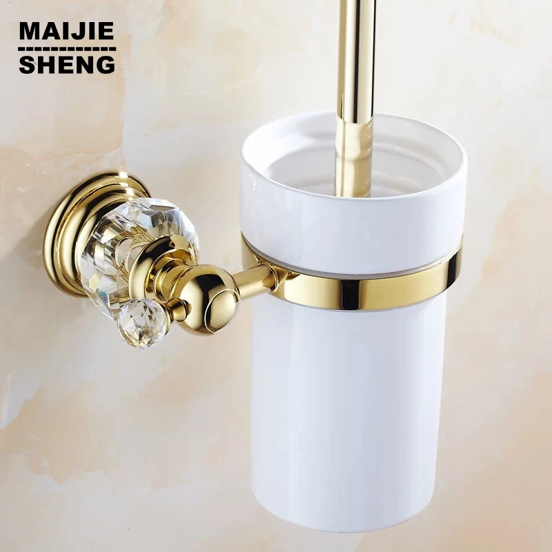 Luxury Golden crystal finish toilet brush holder with Ceramic cup