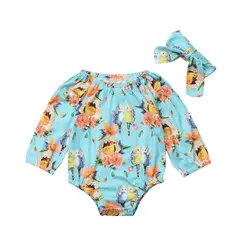 Новорожденных для маленьких девочек животных одежда с длинным рукавом комбинезон Цветочный комбинезон повязка на голову комплект