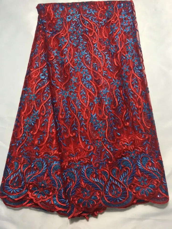 

5Yards/pc Nice looking red french net lace fabric and blue embroidery african mesh lace for dress QN101-1