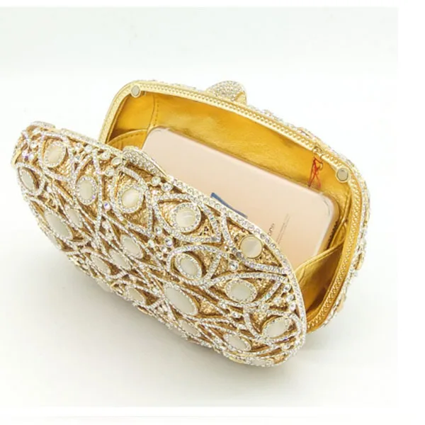 High Quality Hot Fixed Golden Crystals Bridal Wedding Clutch Handbags