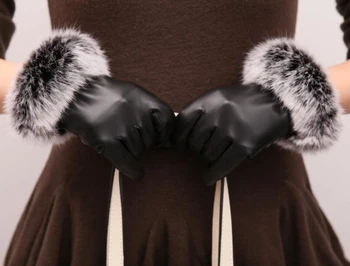 

Winter Season Women High Quality PU Gloves Soft with Rabbit Hair Fur Warm Phone Screen Touch Wrist Gloves Mittens Hot sale H208