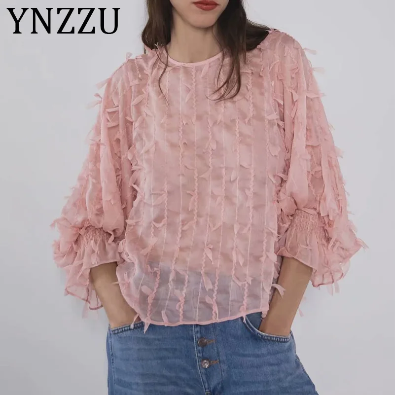 

YNZZU Pink Elegant Tassel Autumn Blouse Women 2019 Chic Round Neck Lantern Sleeve Women Blouses Loose Female Tops Blusas AT314