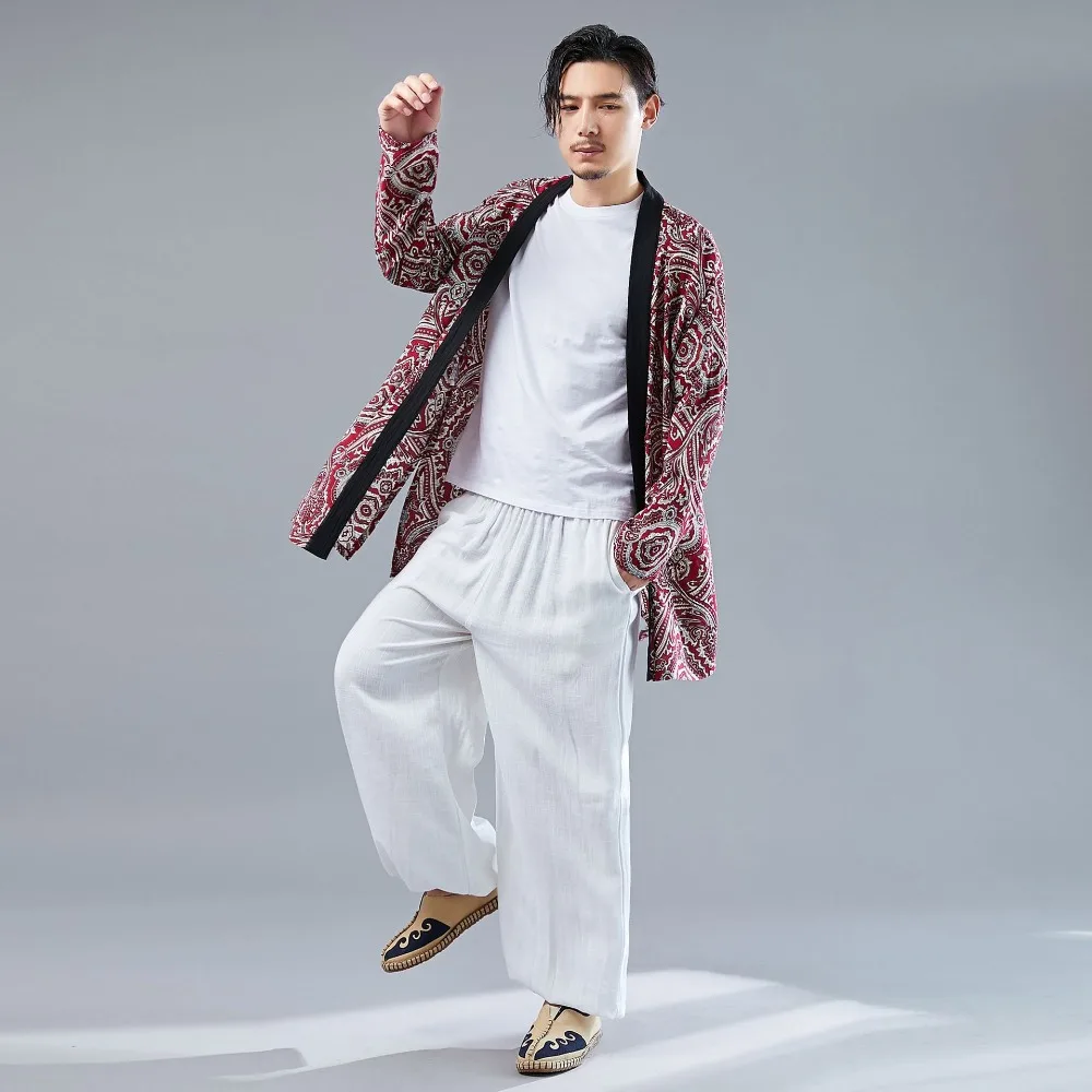 LZJN Long Sleeve Shirt Mens Summer Kimono Cardigan Casual Cotton Hanfu Contrast Color Blouse Male Open Front Trenchcoat (9)