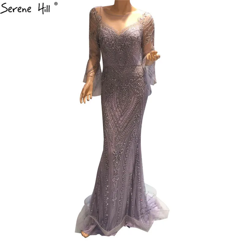 Новое высококачественное элитное вечернее платье с длинными рукавами г., модные вечерние платья с блестками, украшенные бисером и золотыми бусинами, LA6634 - Цвет: grey