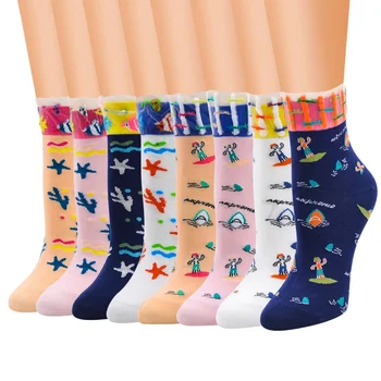

New Ladies Underwater World Pattern Lace Cartoon Women Socks Cotton Couple Street Dance Wind Skate Harajuku Funny cute socks
