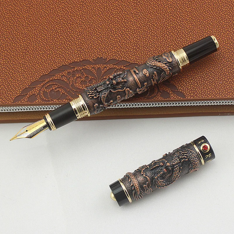 

Jinhao Vintage Luxurious Fountain Pen Red Copper Small Double Dragon Playing Pearl, Metal Carving Embossing Heavy Collection Pen