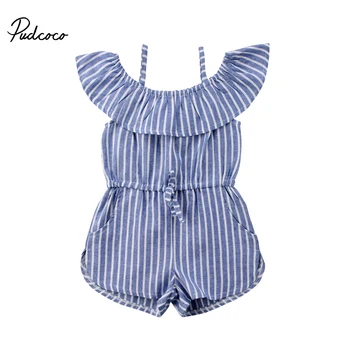 

2018 Brand New Toddler Infant Child Kid Baby Girl Stripe Off Shoulder Romper Jumpsuit Pocket Clothes Ruffled Sunsuit Outfit 1-6Y