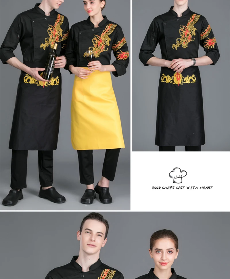 Унисекс с длинными рукавами высокое качество шеф-повар работы куртки Вышивка Дракон Китайский Ресторан отеля официант суши пальто