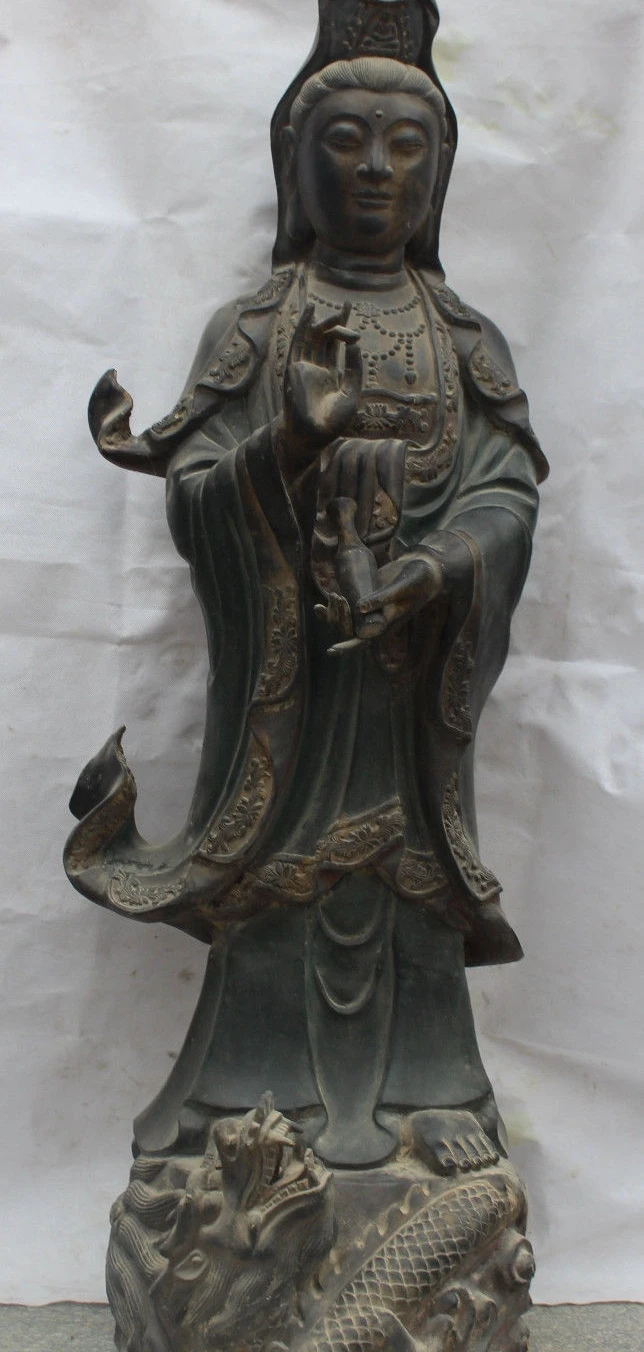 

48"Huge Chinese Bronze Painting Kwan-yin Guanyin Hold Vase Ride On Dragon Statue