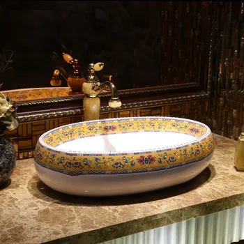 

Oval shape chinese Jingdezhen Art Counter Top ceramic handmade vessel sinks Bathroom Wash Basin Ceramic