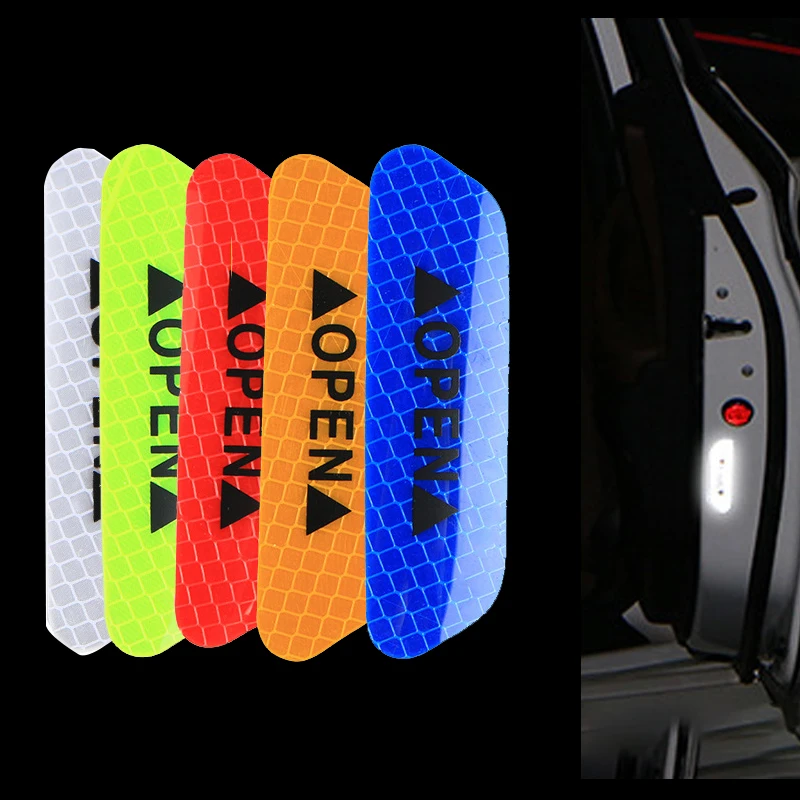 4Pcs/Set Car OPEN Exterior Car Door Decorative Sticker Reflective Tape Warning Mark Reflective Open Notice Bicycle Accessories