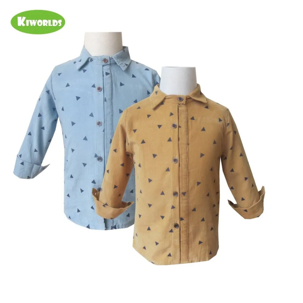 

2019 Spring high quality, cotton long sleeved shirts for boys ,with black triangle pattern, warm yellow and blue boy shirts