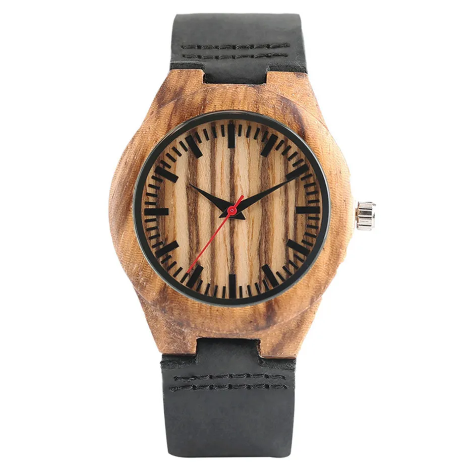 Natural Fashion Stripe Zebra Handmade Wood Bamboo Wooden Watches Women Round Dial Leather Band Analog Quartz Wristwatch (15)