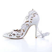 Top quality Women Impera Laser-cut Pumps 12CM High Heels Gold Pumps Lace-up Cut-outs Pointed Toe Women Wedding Shoes