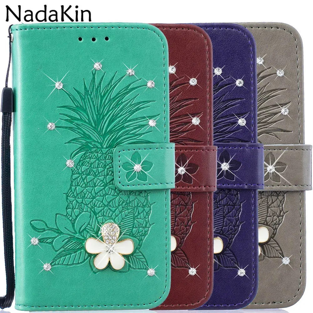 

Rhinestone Flower Diamond Pineapple Embossed Book Case for Huawei P30 Pro P10 P20 Mate 10 Lite Honor 8 9 6A Y3 Y5 2017 Cover
