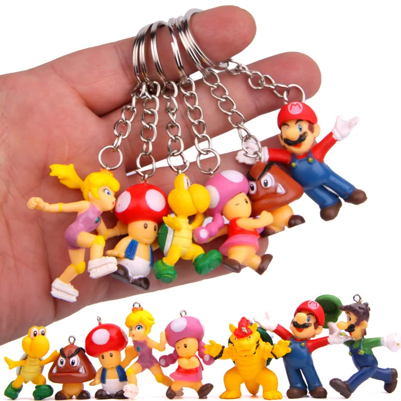 Hot Cute 8pcs/lot Classic Super Mario Bros Keychain Action Figure Mario Luigi Yoshi Peach Goomba King Kong PVC Action Kid Toys