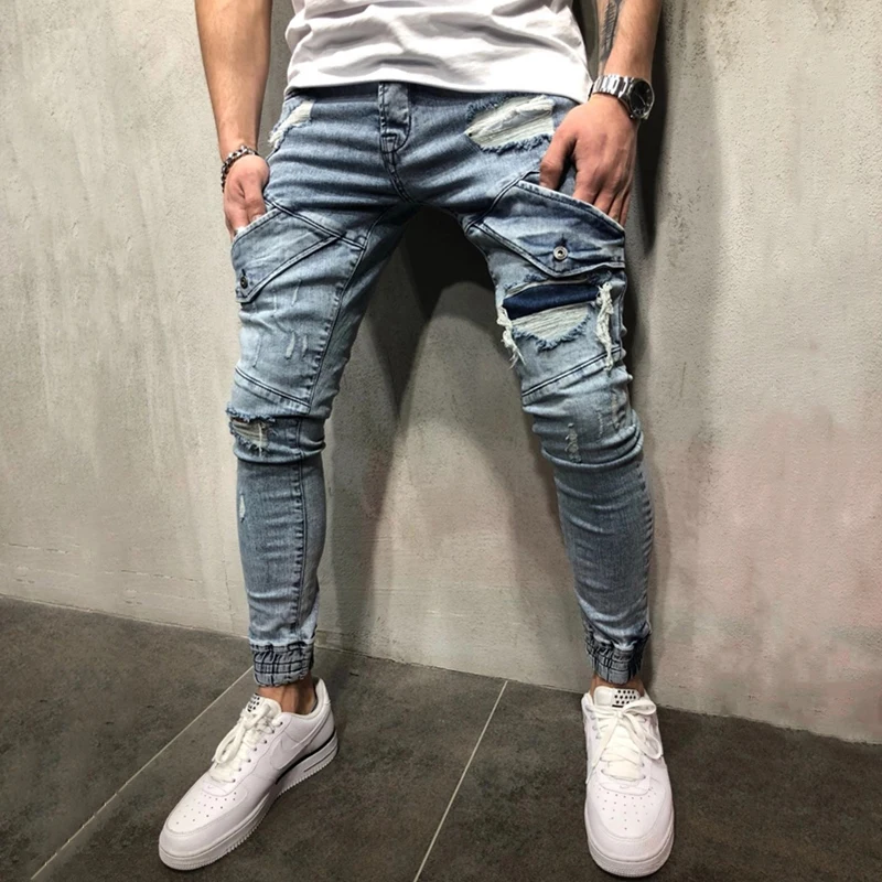 Прямая поставка; мужские джинсы-карго с несколькими карманами; обтягивающие байкерские Стрейчевые джинсы до колена; рваные винтажные джинсовые мотоциклетные брюки