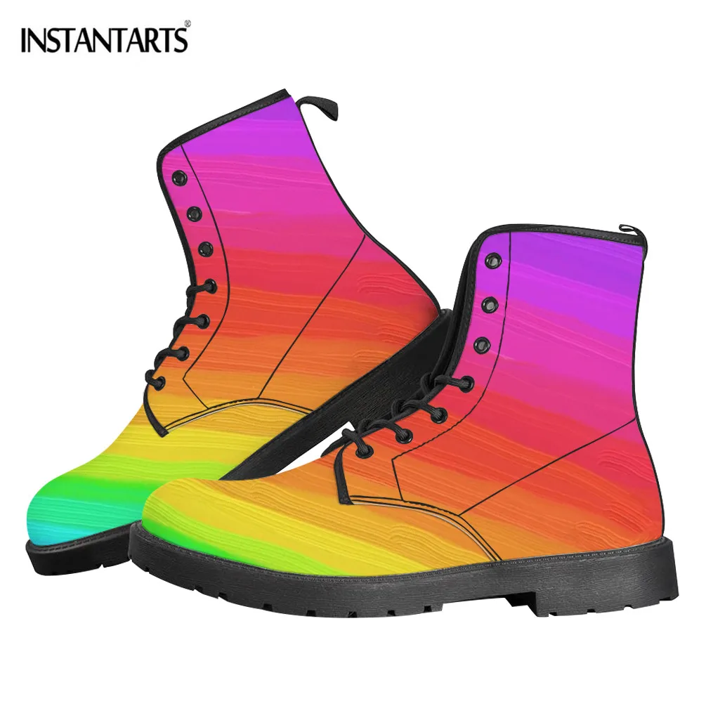 

INSTANTARTS Colorful Rainbow Print Women Leather Boots England Retro 3D Desig Lacel Up Waterproof Motorcycle Ankle Riding Boots