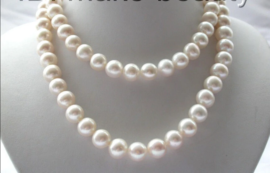 

fast stunning long 32" big 12mm round white freshwater pearl necklace 14KGP clasp d703