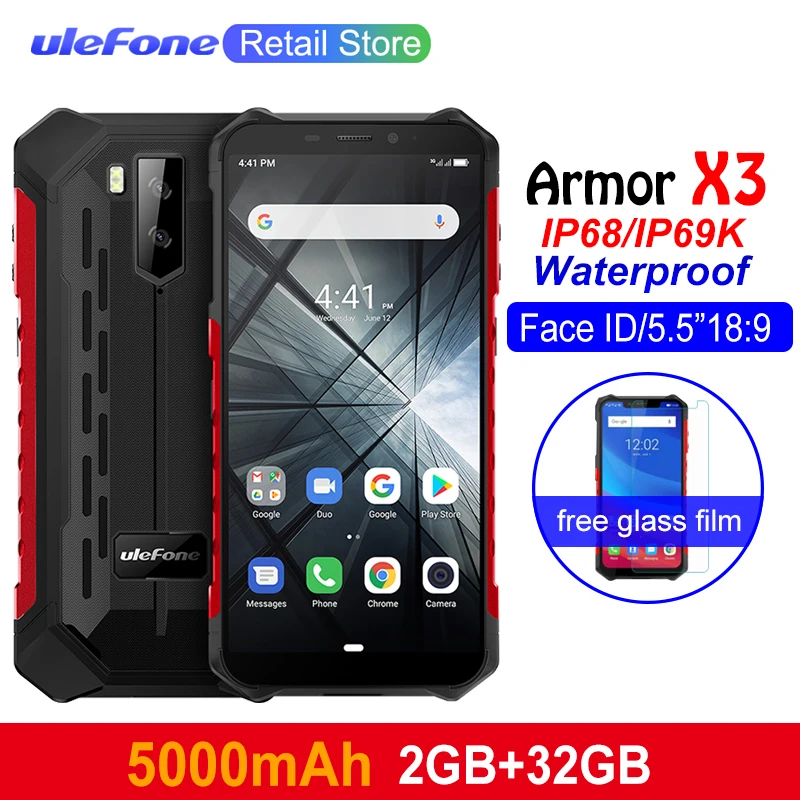 Ulefone Armor X3 мобильные телефоны Android 9,0 IP68/IP69K водонепроницаемый 2 ГБ 32 ГБ MT6580 5,5 дюйма HD+ 8MP 5000 мАч Лицо ID 3g смартфон