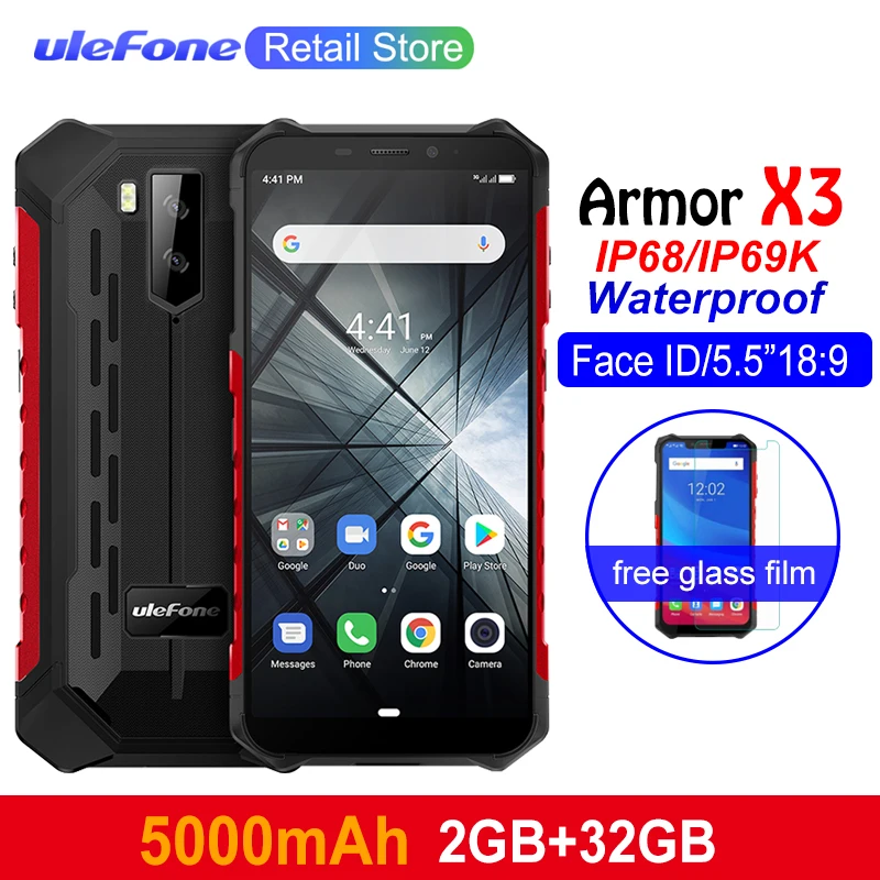 

Ulefone Armor X3 Rugged phones Android 9.0 IP68/IP69K Waterproof 2GB 32GB MT6580 5.5 inch HD+ 8MP 5000mAh face ID 3G Smartphone