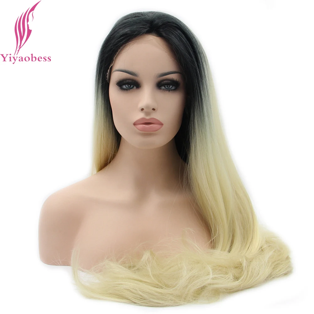 

Yiyaobess Two Tone Long Synthetic Lace Front Wig Straight Hair Heat Resistant Black Blonde Ombre Wigs For Women