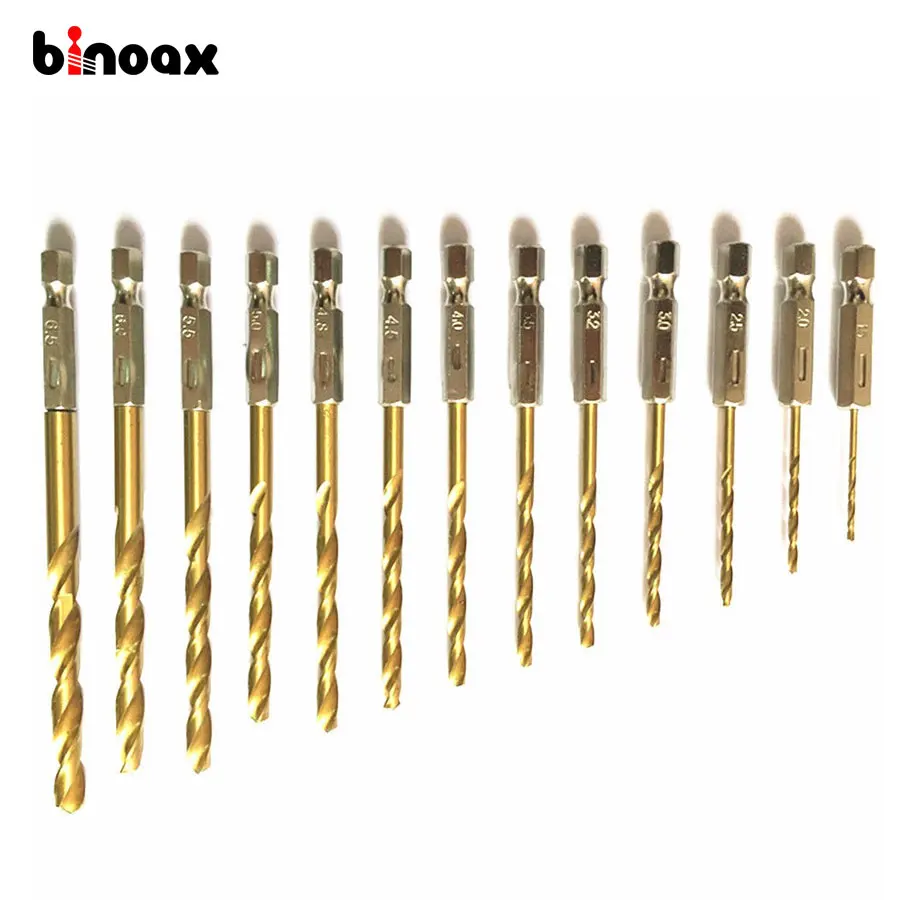 

Binoax 13pcs Titanium Coated Drill Bit Set 1/4 Hex Shank 1.5-6.5mm Screwdriver Twist Drill Bit HSS High Speed Steel #ND00052#