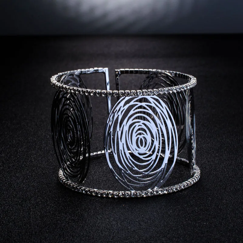 Fashion Wide Cuff Bracelets for Women Gold Color Metal Sparkly Crystal Rhinestone Round Flower Open Bangle Bracelet (6)