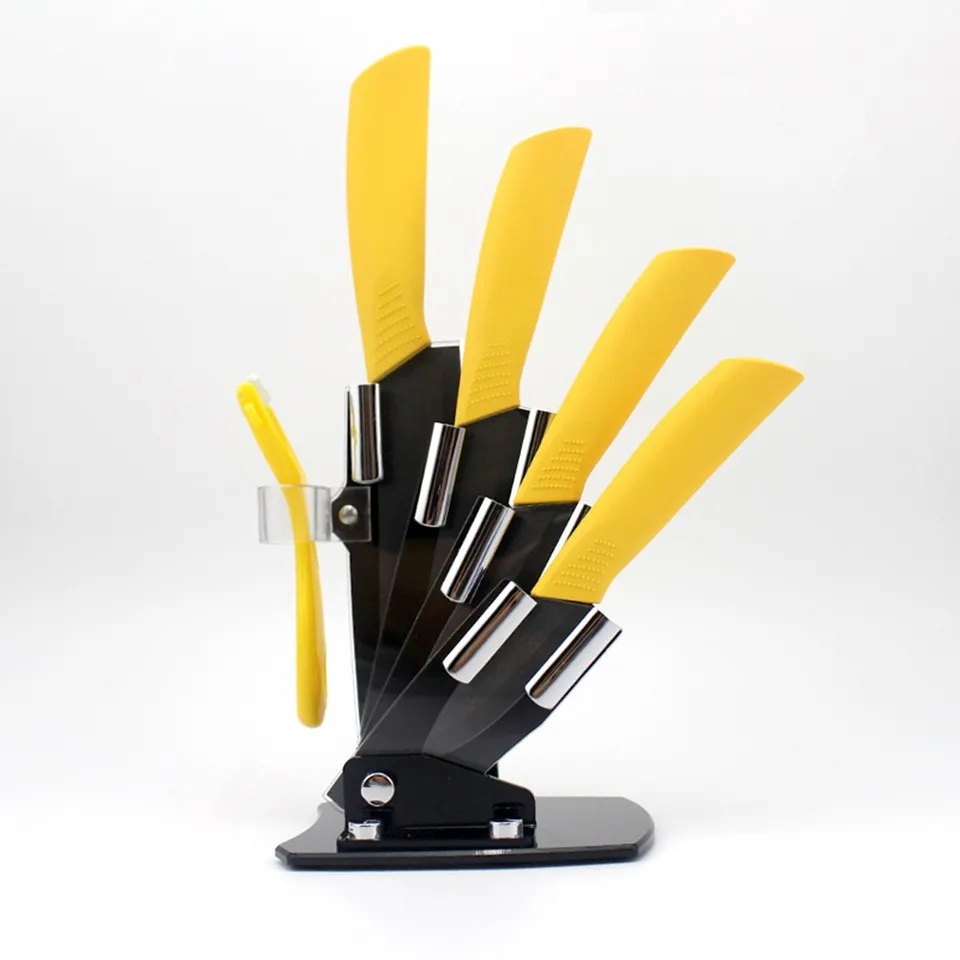 Высококачественный брендовый набор керамических ножей kicthen с черным лезвием " 4" " 6" дюймов+ Овощечистка+ акриловый держатель/подставка для кухонного ножа шеф-повара