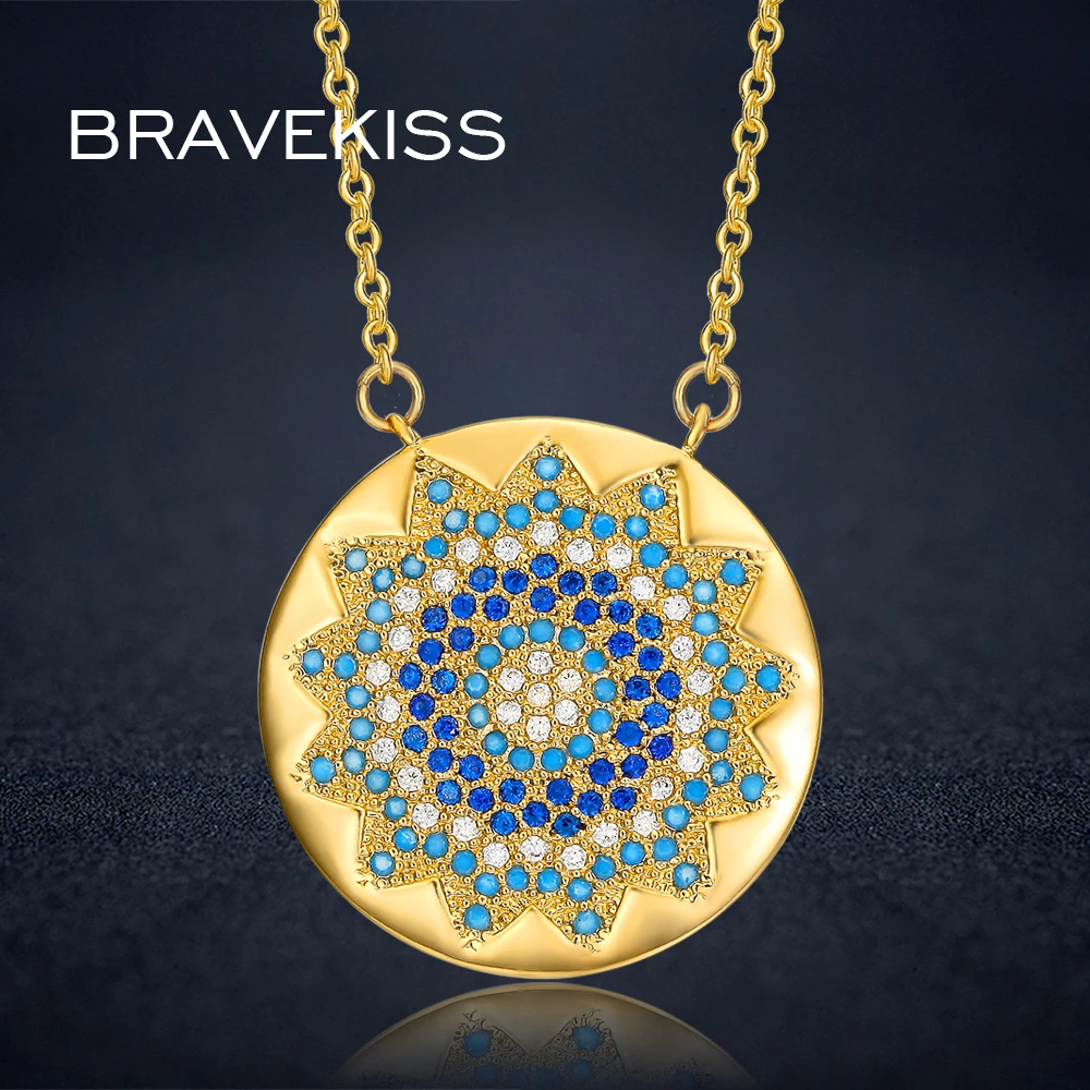 

BRAVEKISS Sunshine Necklaces & Pendants Golden Color Round Circle Multicolor Cubic Zirconia Chain Necklace For Women BUN0249A