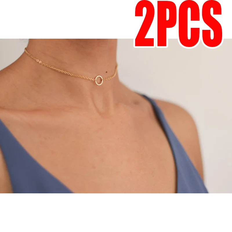 2Pcs Women Girl Accessories Circle Chain Choker Gold Color Gift Round