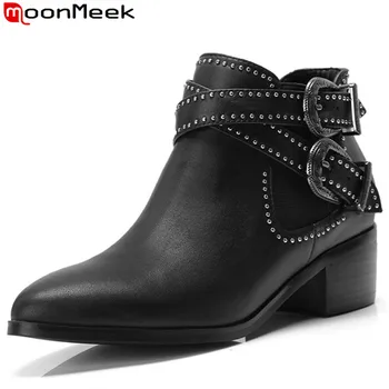 

MoonMeek 2020 hot salenew ankle boots women round toe buckle genuine leather boots square heel autumn winter boots women