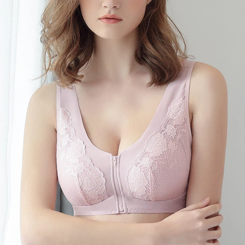 

Wireless Women's Full Coverage Zipper Front Bra Lace Embroidery Underwear Padded Push Up Bra Lingerie XXXL