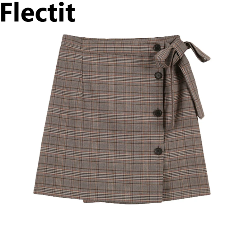 

Flectit Vintage Button Up Glen Plaid Sarong Mini Skirt With Self Bow Tie High Waisted A-Line Women Retro Work Skirts #