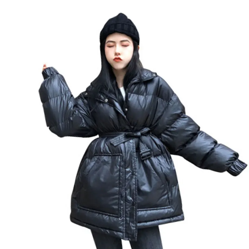 

Winter Woman's Coat Cotton Pocket With Belt 2019 New Loose Thick Long Section Slim Zipper Bread Padded Cotton Clothing TY108
