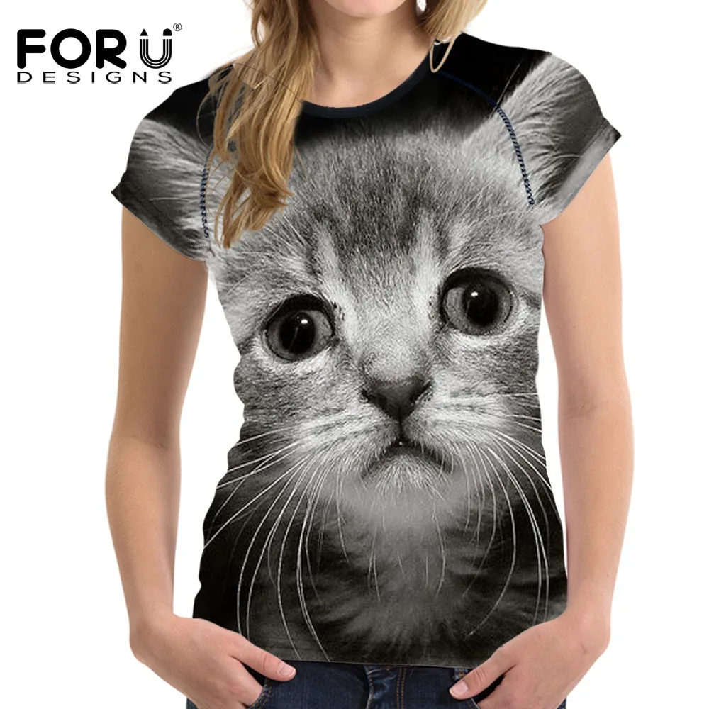 FORUDESIGNS/женская летняя футболка размера плюс S-XXL, женская футболка с 3D принтом, модная женская футболка с рисунком кота