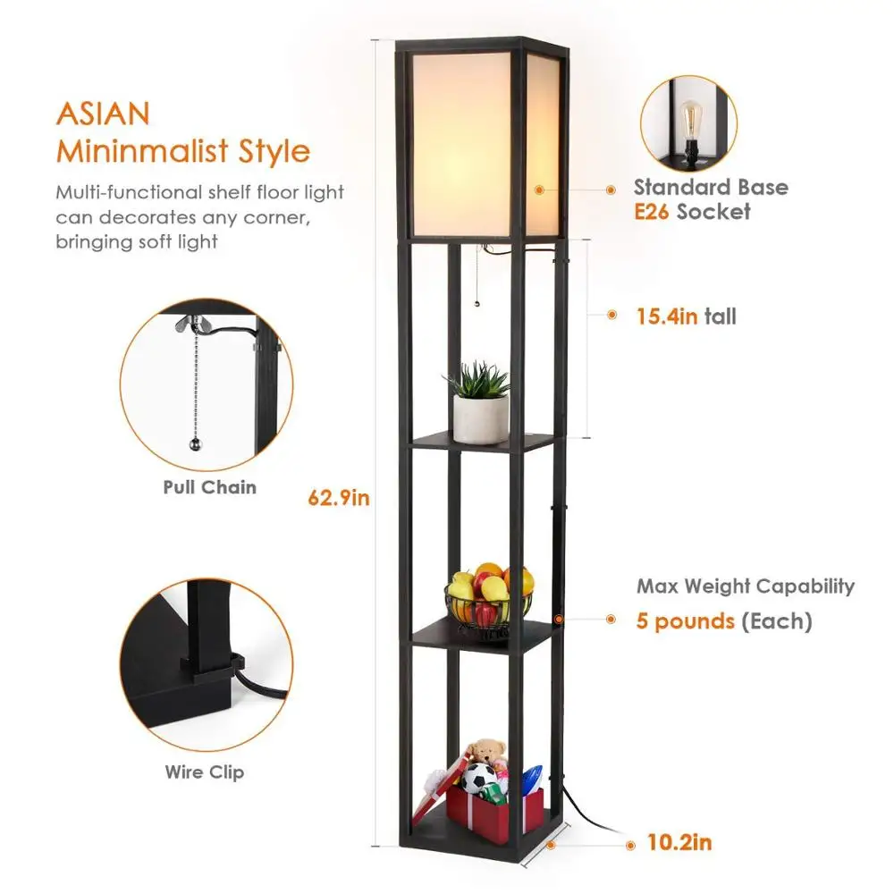 LED Shelf Floor Lamp Wooden Frame Tall Light with Organizer Storage Display Shelves-Modern Standing Lamp for Living Room Bedroom