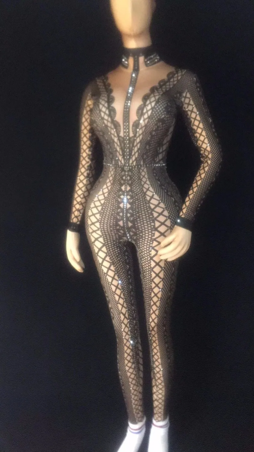 Yellow Black Or White Printed Rhinestones Jumpsuit Stretch One Piece Nightclub Singer Dancer Women's Party Wear Sexy Bodysuit