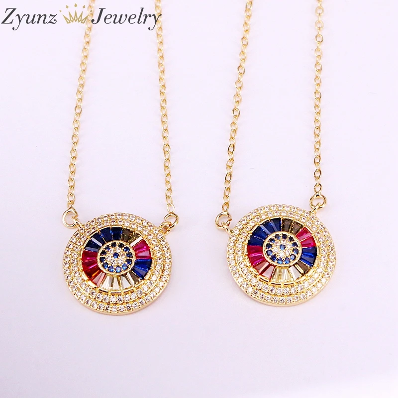 

5PCS, Multi CZ Micro Paved Necklaces Fashion Rainbow Round Pendant Crystal Zirconia Colorful CZ Gold Color Women Jewelry