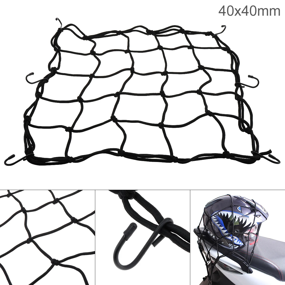 

40x40cm Large Motorcycle Luggage Net Black Fuel Tank Net Helmet Mesh Hold Down Luggage Cargo Net with 6 Hook for Dirt Bike ATV