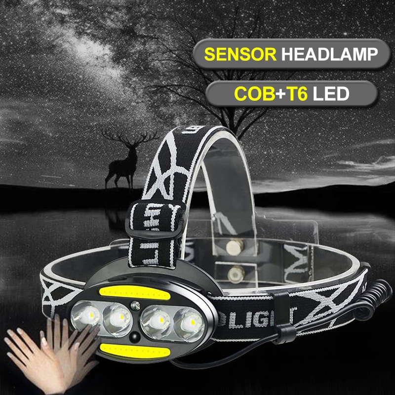 

COB LED Headlamp T6 50000 Lumen Sensor Fishing Head Lamp Head Torch Flashlight Headlight Outdoor USB High Power 18650 Battery