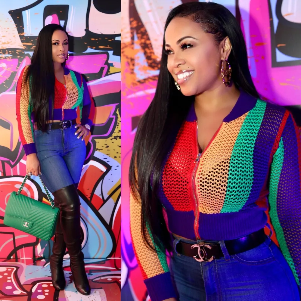 

VAZN New Arrive Best Quality 2018 Sexy Style Women Jacket Striped Zipper O-Neck Hollow Out Short Bodycon Jacket A8210