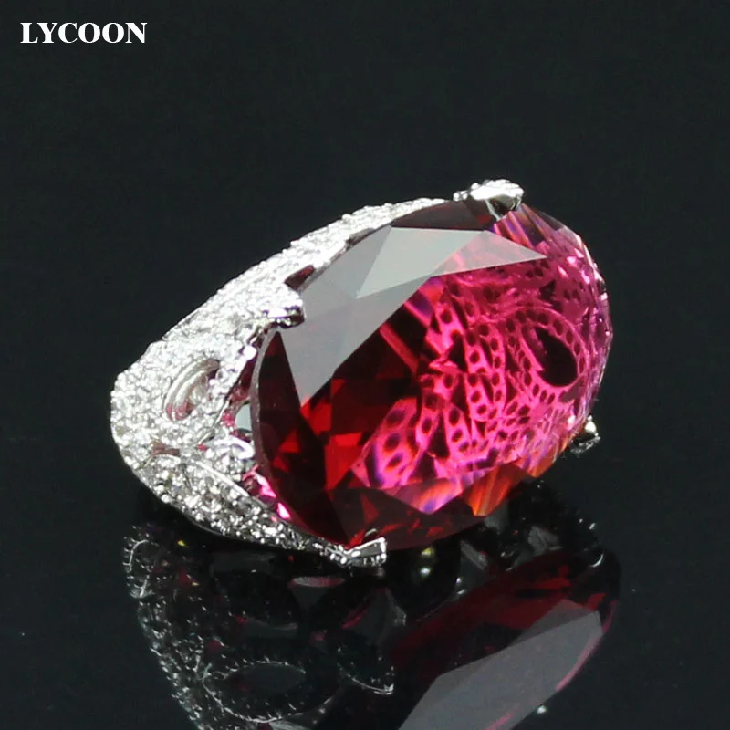

Newest fashion party Ring silver plated red Oval clear Crystal rings prong setting Cubic Zirconia flower design for women