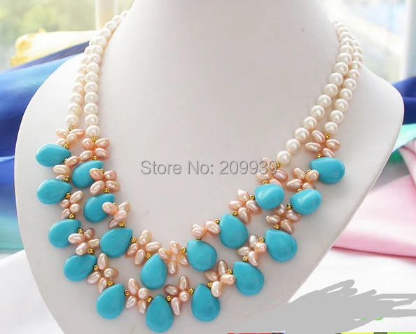 

huij 001045 2row white pink round cultured PEARL turquoise NECKLACE