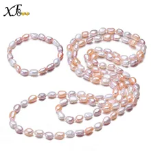 XF800 естественный пресноводный жемчуг Se комплект ювелирных изделий, 9-10 мм жемчужина барокко длинные Цепочки и ожерелья Браслет Мода свадебный подарок S98