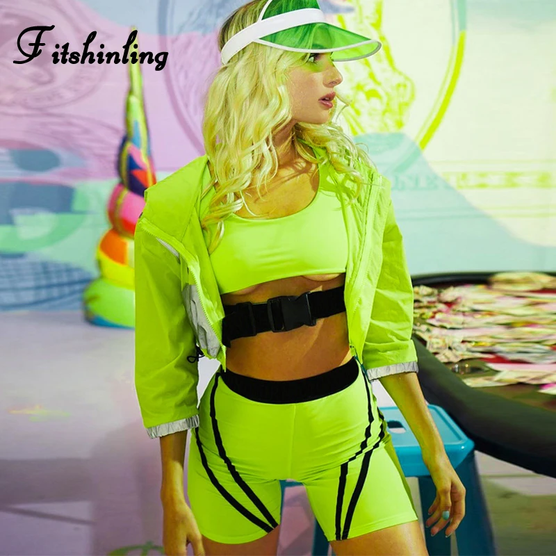 

Fitshinling Fitness Buckle Neon Green Tracksuit For Women Striped Athleisure Two Pieces Set Tank Biker Shorts Women Suits Sexy