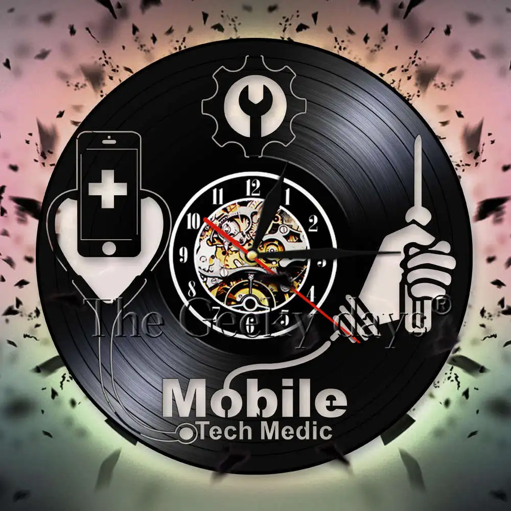 

Mobile Tech Medic Wall Clock Mobile Shop Business Sigh Vinyl Record Wall Clock Hanging 3D Wall Watch Wall Art Handmade Decor